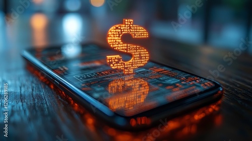 Digital currency symbol illuminated in vibrant orange on a dark textured surface