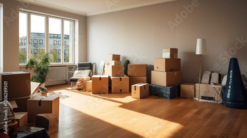Déménagement d'un appartement, d'une maison. Cartons, boîte de rangement. Nouveauté, style de vie, famille, intérieur. Pour conception et création graphique.	