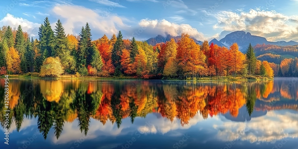 Fototapeta premium A picturesque autumn scene with colorful trees reflecting on the calm surface of a tranquil lake, creating a stunning natural landscape