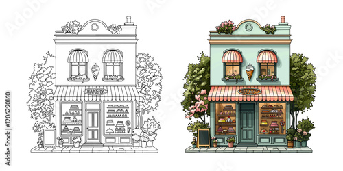 coloring page an outline and colored version of a cute house bakery in summer, featuring baked goods, pastries. Vector illustration