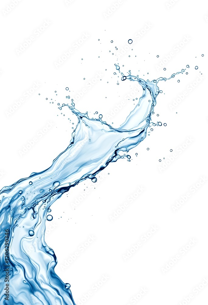 Dynamic water splash with droplets isolated on white background. Fluid motion captured in blue. Refreshing liquid movement. Hydration concept Dynamic water splash with droplets isolated on white background. Fluid motion captured in blue. Refreshing liquid movement. Hydration concept