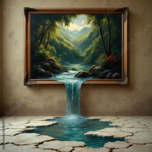 A framed landscape painting with water flowing out onto a cracked floor