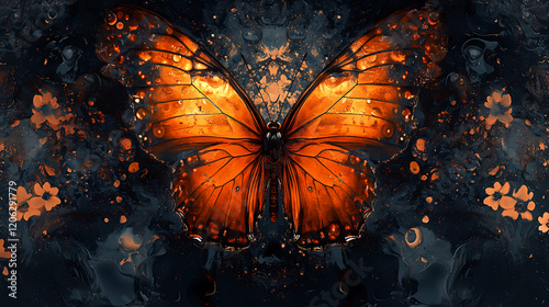 A butterfly with orange wings is shown in a water droplet pattern. Gothic Garden. Illustration