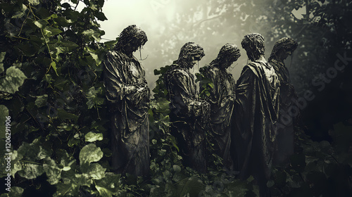 A cursed garden overgrown with twisted vines, statues of tormented figures trapped in eternal despair. Gothic Garden. Illustration