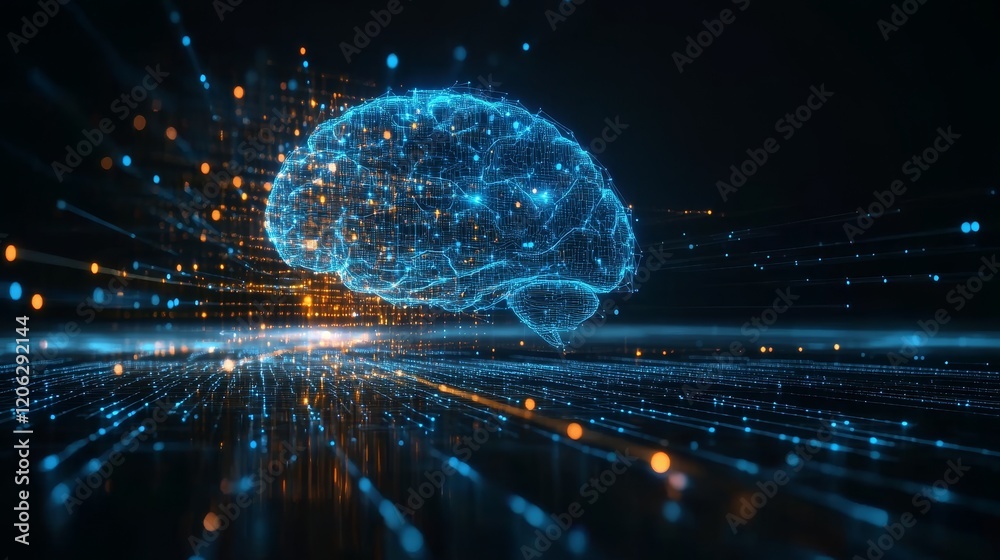 Obraz premium Digital Brain Glowing in Network, Artificial Intelligence and Neural Network Concept.