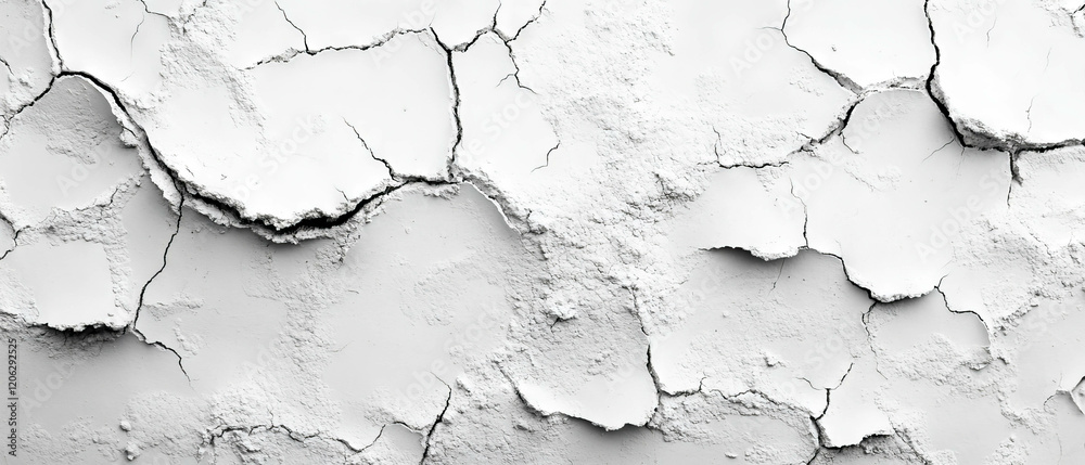 Obraz premium Cracked plaster texture with varied depths and rough white surface in detailed view