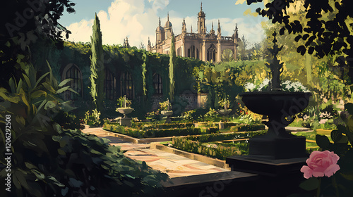 Beautiful gardens and historic architecture of hampton court palace. Gothic Garden. Illustration