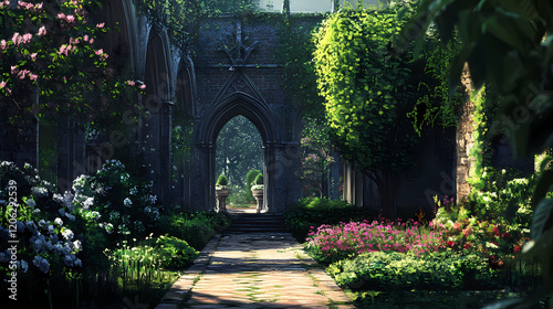 Beautiful gardens and historic architecture of hampton court palace. Gothic Garden. Illustration