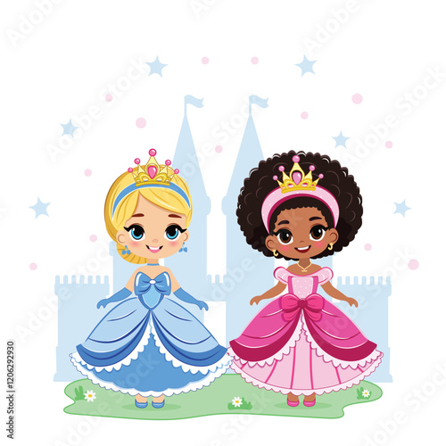 Cute different nationalities little princess with beautiful eyes and golden crown. Poster, Banner, Flyer, Greeting Card. Vector illustration in flat drawn cartoon style
