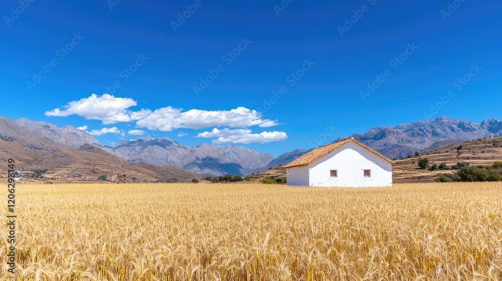 White house in golden wheat field, mountains background, sunny day, rural landscape, postcard use White house in golden wheat field, mountains background, sunny day, rural landscape, postcard use