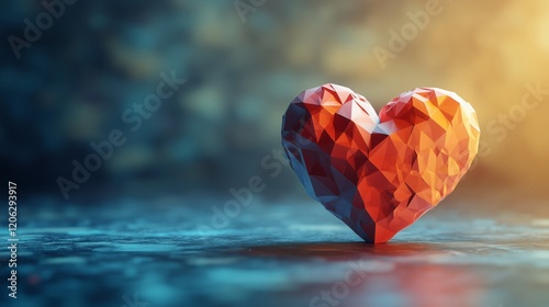 Low poly heart symbol illustrating love and connection in a geometric style against a blurred colorful background for Valentines day