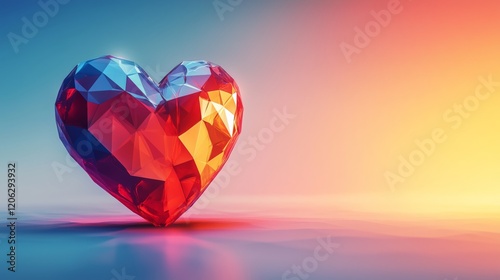 Low poly heart symbol illustration in vibrant colors with smooth gradients for digital art. Valentines day background with space for text