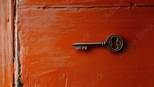 Rusty antique key on orange wooden surface
