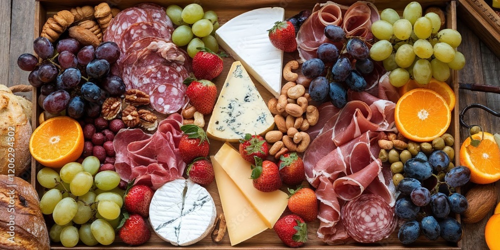 vibrant charcuterie board arranged with assorted meats, cheeses, fruits, and nuts, creating delightful spread for gatherings and celebrations vibrant charcuterie board arranged with assorted meats, cheeses, fruits, and nuts, creating delightful spread for gatherings and celebrations