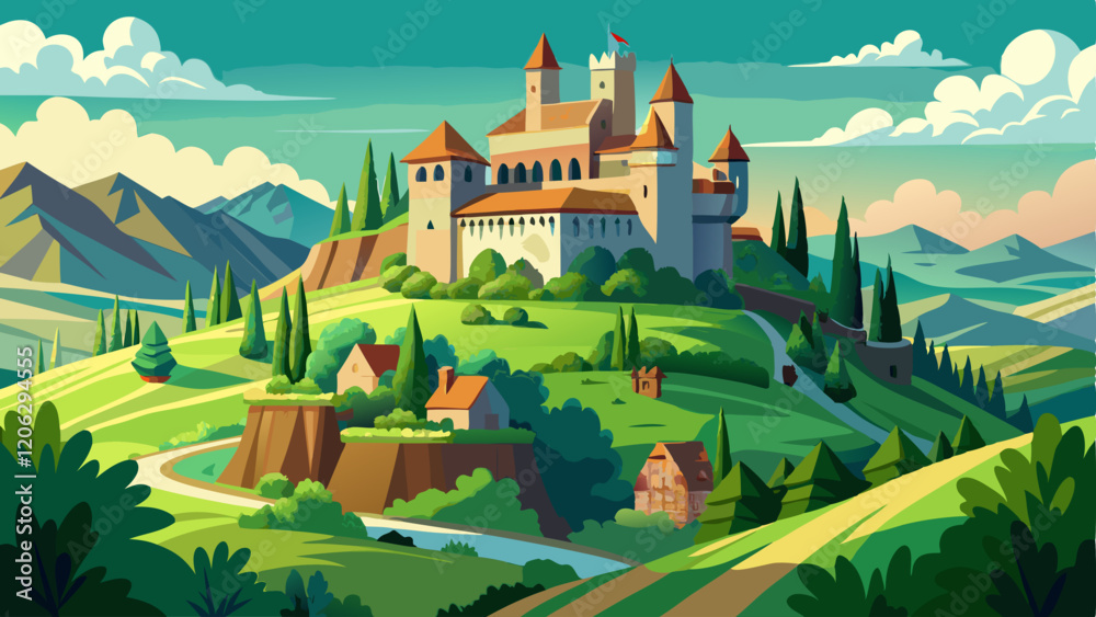 Naklejka premium View of a historic castle perched on a hill surrounded by lush green countryside