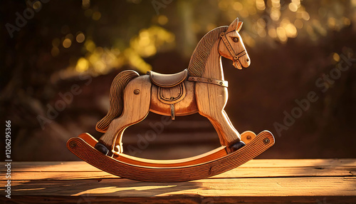 Rustic wooden rocking horse bathed in warm, golden sunlight. Perfect for nostalgic themes, childhood memories, or rustic home decor.  High-quality image with beautiful bokeh background. photo