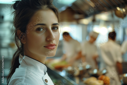 Portrait of a young Italy female chef, kitchen workspace in the background. photo