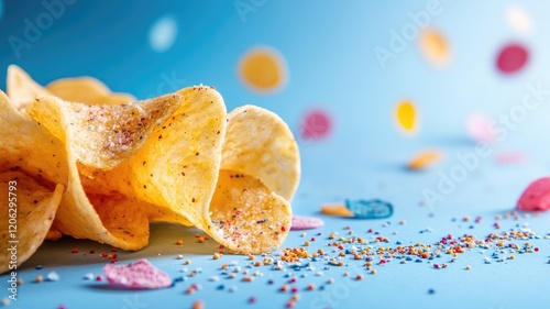 Close-up of salted crispy potato chips with colorful confetti in background