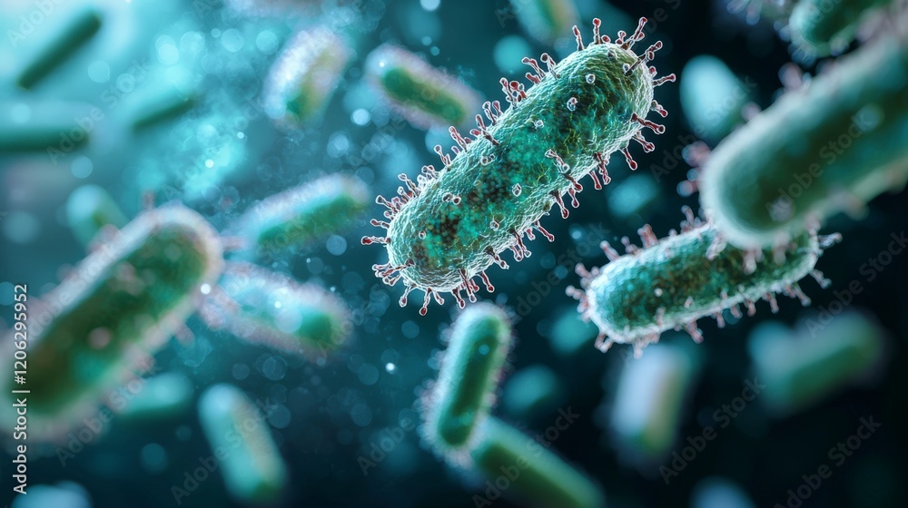 A stunning depiction of vibrant green bacteria floating in a surreal space, highlighting their unique forms and structures, capturing the essence of microscopic life.