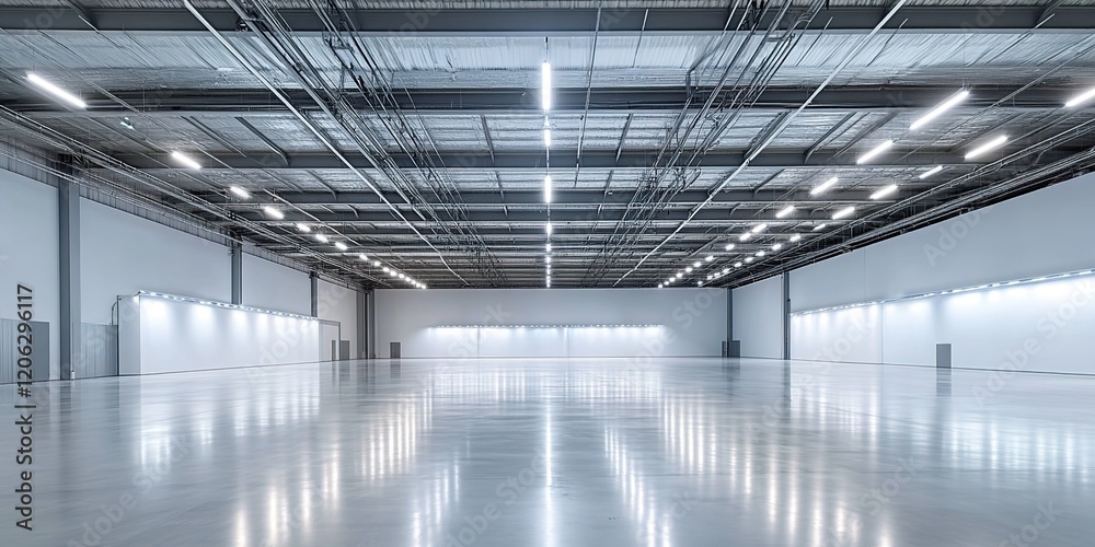 Obraz premium A large, empty warehouse with LED lighting for energy efficiency and comfortable working conditions.