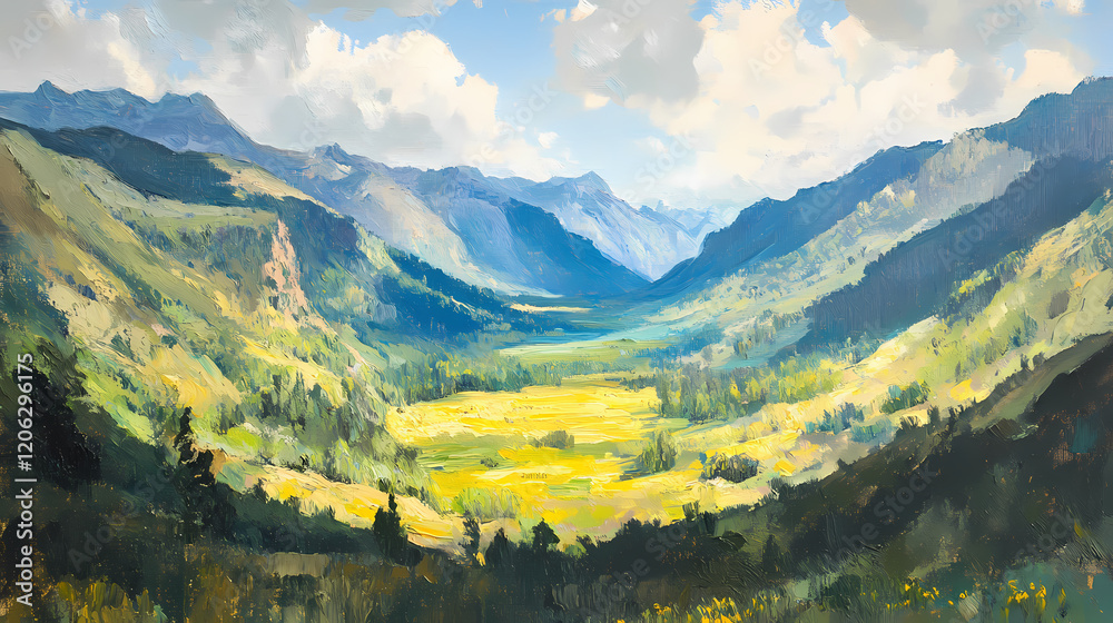 Fototapeta premium Oil painting depicting a scenic view of a majestic valley surrounded by mountains. Majestic Valley. Illustration