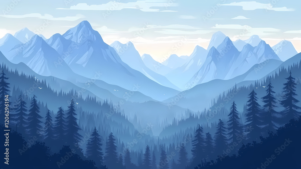 Fototapeta premium Panoramic view of a majestic valley in the mountains. Majestic Valley. Illustration