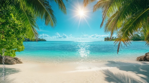 la mer bleu azur des maldives, les plages de sable blanc et les palmiers, le soleil brille dessus. la plage est recouverte de sable fin, entourée d'eau cristalline photo