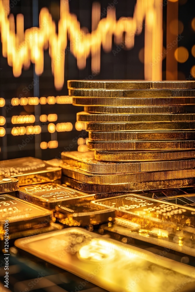 gold coins and graph. Selective focus gold coins and graph. Selective focus