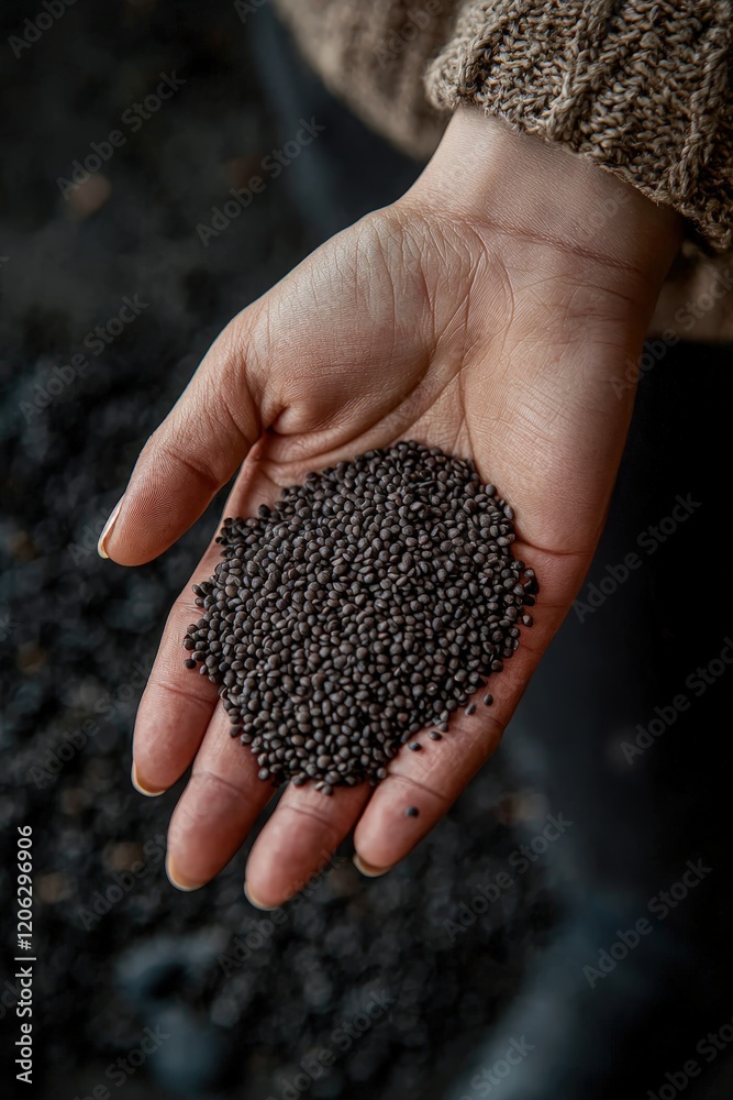 Close-up of seeds in hand. Selective focus Close-up of seeds in hand. Selective focus