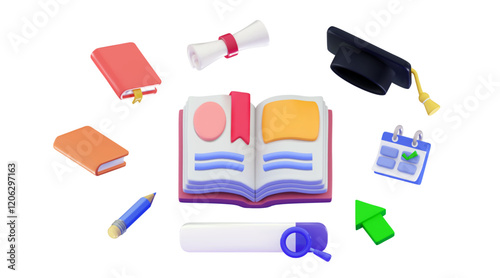 3D Educational Set Open book with Search bar with Magnifying glass, Graduation Hat, calculator and calendar Search book or literature concept