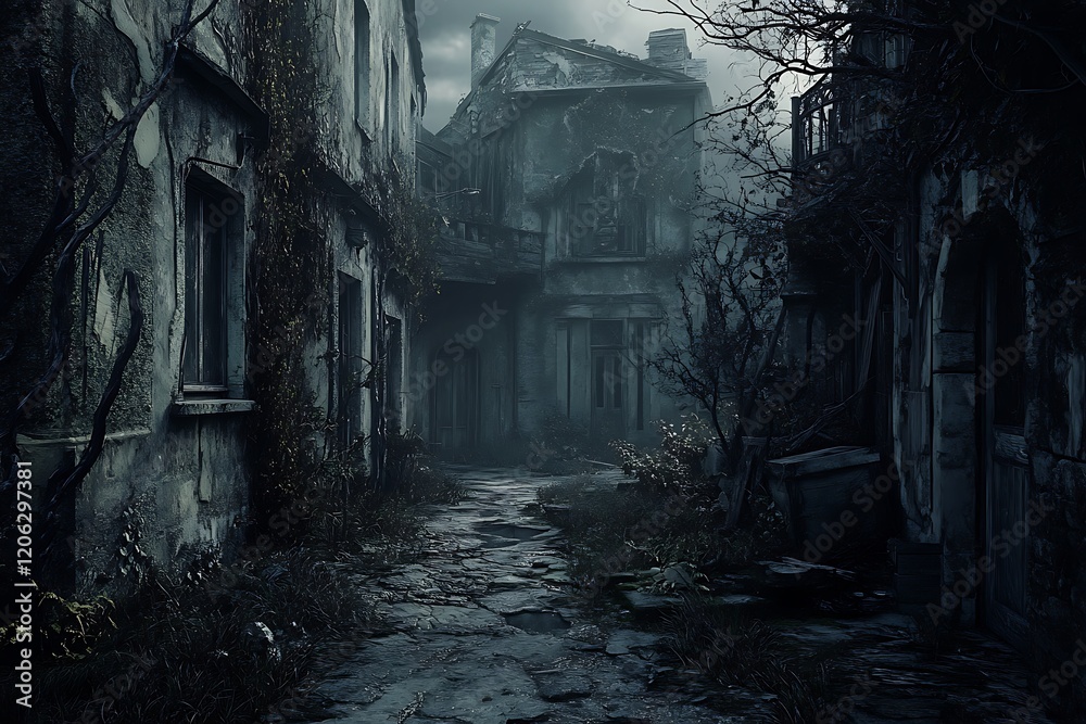 Dark, abandoned alleyway with overgrown plants and decaying buildings. Dark, abandoned alleyway with overgrown plants and decaying buildings.