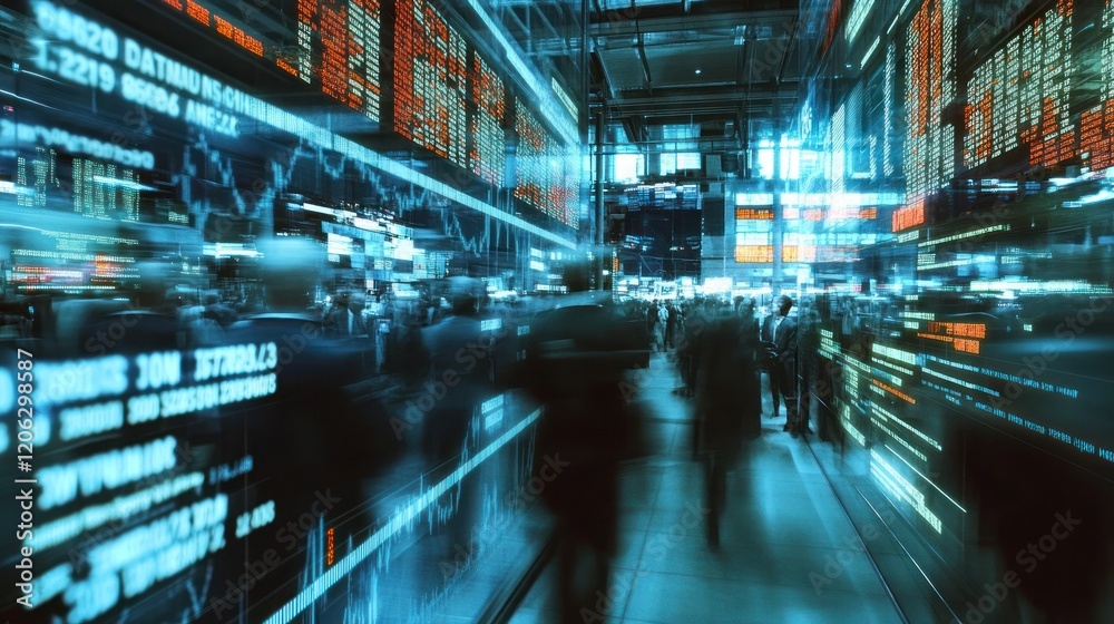 Dynamic stock exchange trading floor with blurred people and data. Dynamic stock exchange trading floor with blurred people and data.