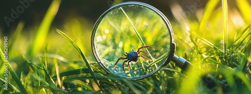 Mites and magnifying glass. Selective focus photo