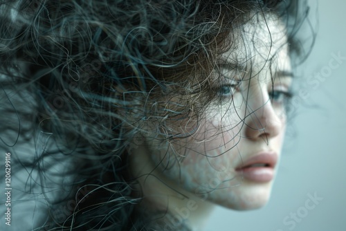 A person with tangled hair looks solemnly into the distance. Concept of introspection and emotion. For artistic expression and creativity projects