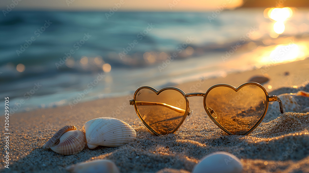 A pair of heart-shaped sunglasses on a sandy beach with seashells, blank space in the sand for text, symbolizing fun and relaxation A pair of heart-shaped sunglasses on a sandy beach with seashells, blank space in the sand for text, symbolizing fun and relaxation