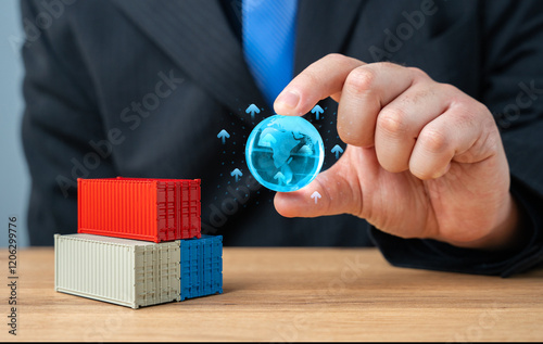 Businessman holding globe of planet Earth over stack of shipping containers. World trade and economic processes. Globalization. Import, export, transportation of goods and logistics. Production chains photo