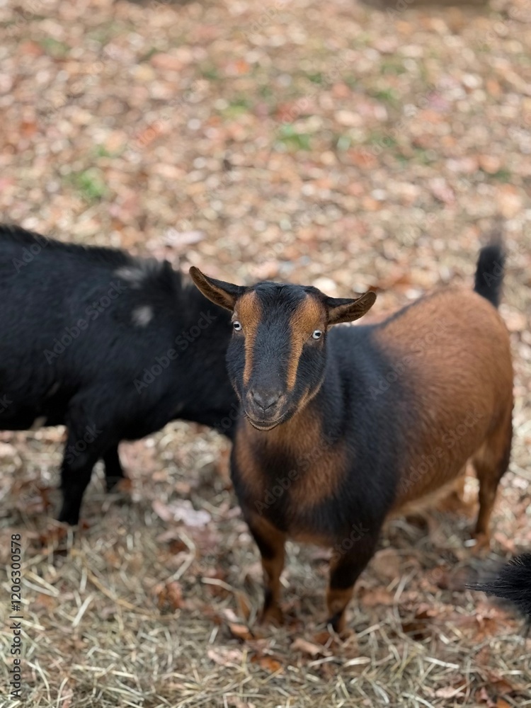Fototapeta premium Two goats, with distinct brown and black fur, stand on a straw-covered farm ground surrounded by fallen leaves on an autumn day. A charming glimpse into rural farm life.