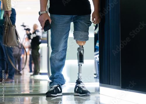 Modern prosthetic leg. Close-up of a man with a prosthetic leg.