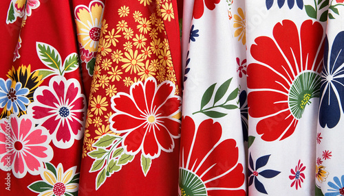Vibrant floral patterns on yukata fabrics, cultural craftsmanship
