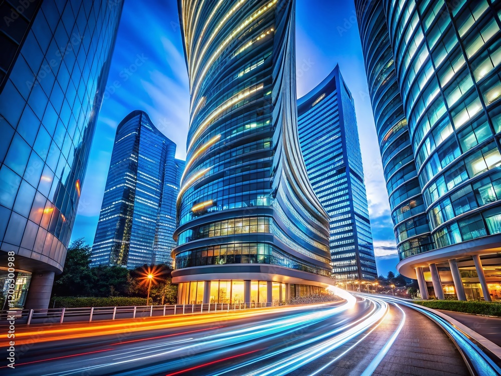 Modern Spiral High-Rise Building, Long Exposure Night Photography Modern Spiral High-Rise Building, Long Exposure Night Photography