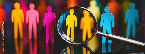 Paper cut people and magnifying glass. Selective focus