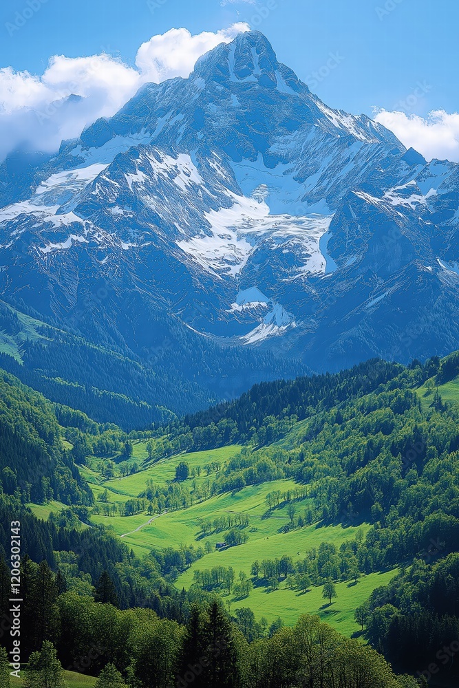 Obraz premium Majestic snow-capped mountain towering over lush green valleys under a clear blue sky
