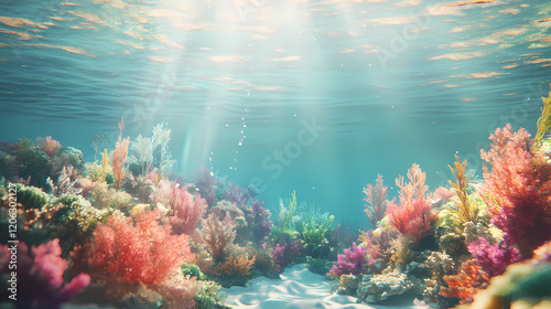 Fototapeta Naklejka Na Ścianę i Meble -  Serene underwater scene with colorful marine plants and coral reef in clean azure water on sea bottom and sun rays from surface. Sapphire Sea. Illustration
