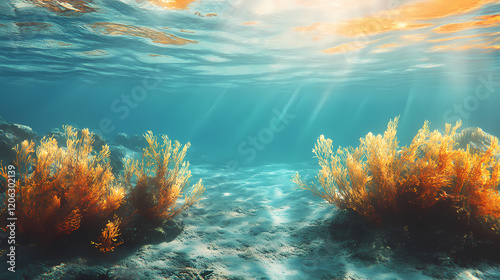 Fototapeta Naklejka Na Ścianę i Meble -  Serene underwater scene with colorful marine plants and coral reef in clean azure water on sea bottom and sun rays from surface. Sapphire Sea. Illustration