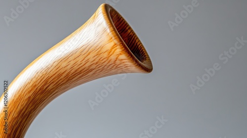 Close-up of wooden horn instrument mouthpiece against gray background