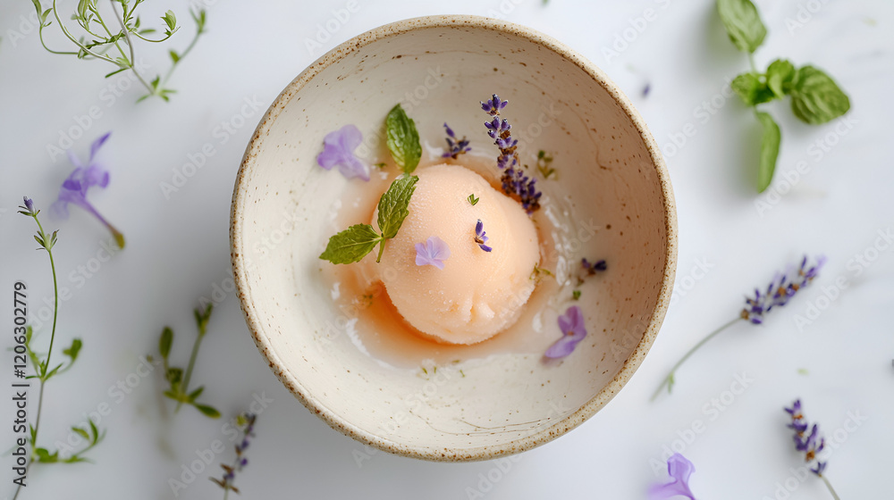 Peach sorbet with lavender and mint garnishes, elegantly served in a small bowl. Peach sorbet with lavender and mint garnishes, elegantly served in a small bowl.