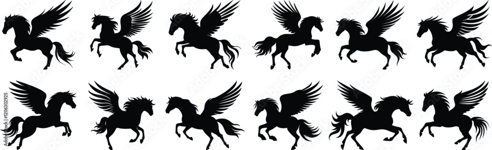 Fototapeta premium Pegasus silhouettes set, horse pack of vector silhouette design, isolated background