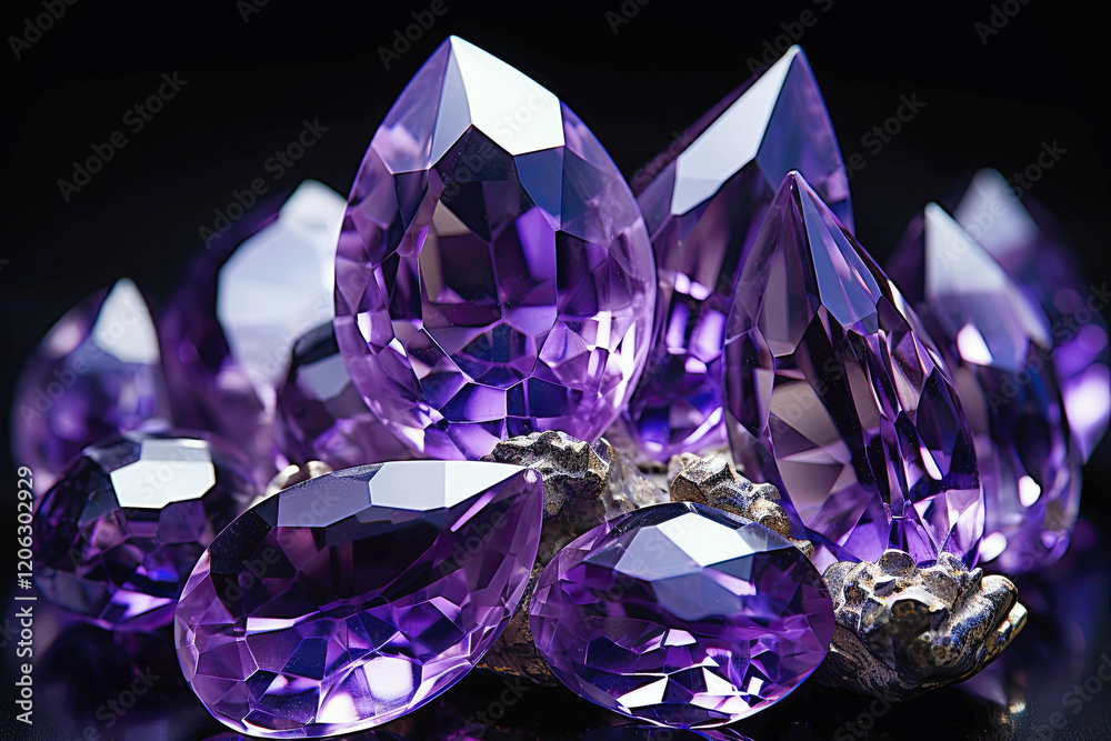 Close Up of collection of faceted, purple gemstones, amethysts crystals, on a black background