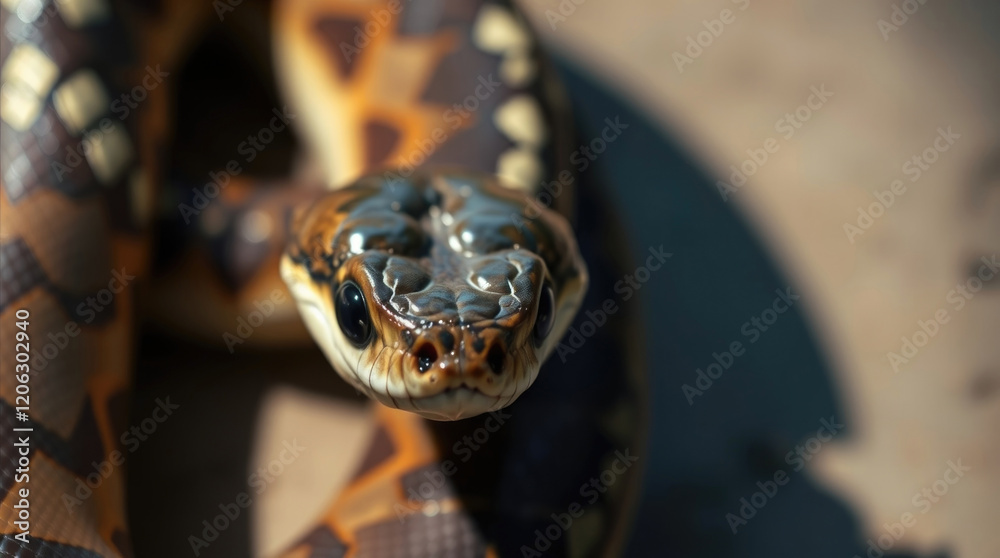 close-up of snake, revealing its distinctive pattern of dark and light scales, on a surface with a blurred background in natural light