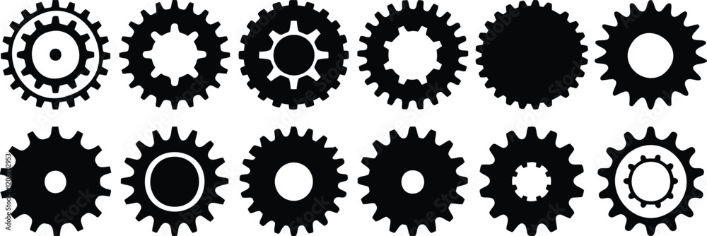 Gear silhouettes set, cog pack of vector silhouette design, isolated background Gear silhouettes set, cog pack of vector silhouette design, isolated background